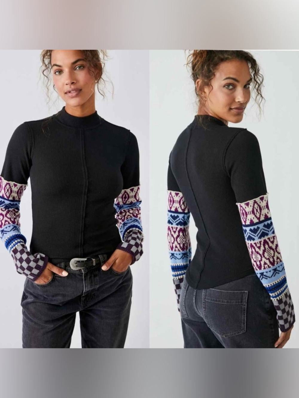 We The Free Black Crewneck Sweater with Multicolor Fair Isle Sleeves